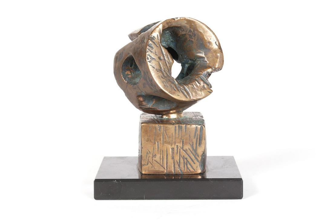 ABBOTT PATTISON (AMERICAN, 1916-1999): ABBOTT PATTISONAmerican (Illinois), 1916-1999Abstract CompositionBronzeSigned A. Pattison Firenze. Abstract composition of a pierced cylinder atop a cube on a polished marble base.7 x 4 x 6 in. (17.78
