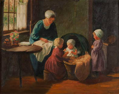 AFTER BERNARD POTHAST (DUTCH, 1882-1966): AFTER BERNARD POTHASTDutch, 1882-1966Oil on canvas"Signed" lower right. Interior genre scene of a young mother with three young children. Gilt frame.Sight: 21 1/2 x 28 in. (54.61 x 71.12 cm.