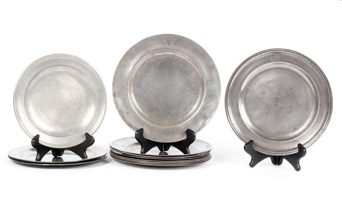 ASSEMBLED SET OF TWELVE ENGLISH PEWTER PLATES (1 of 6)