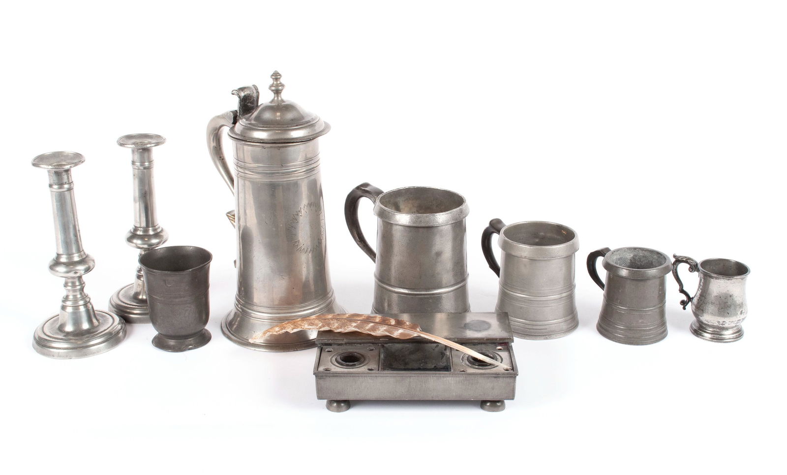 NINE PEWTER DECORATIVE MEASURES, CANDLESTICKS AND MORE (1 of 5)