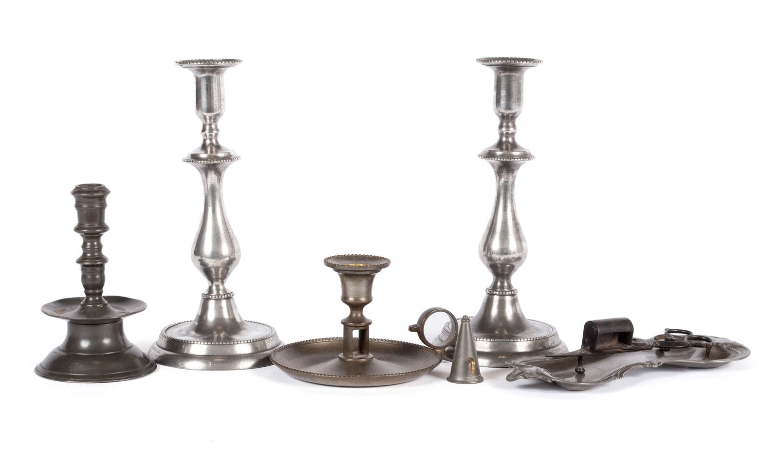 ENGLISH PEWTER CANDLESTICKS AND ACCOUTREMENTS (1 of 5)