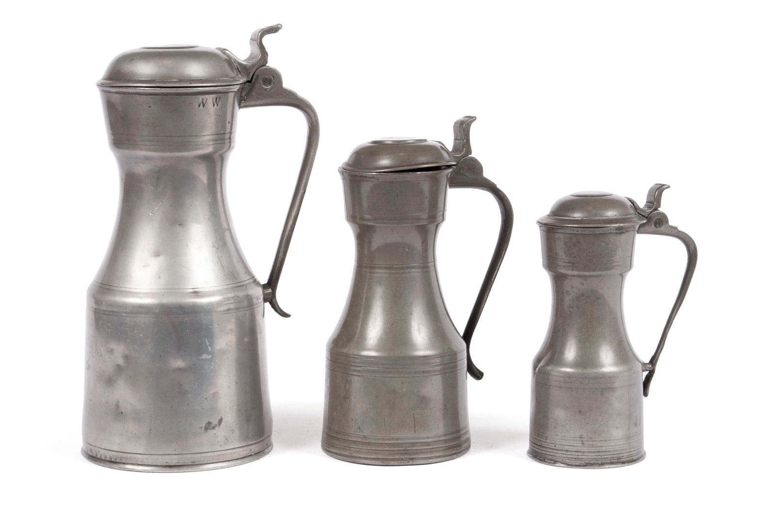 THREE PEWTER LIDDED FRENCH MEASURES (1 of 8)