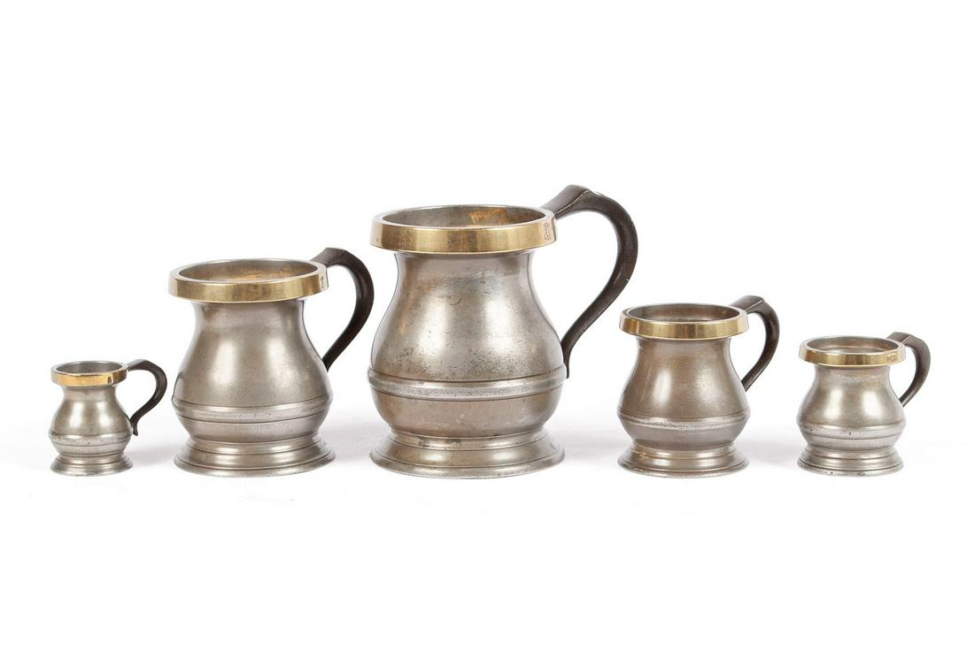 FIVE PEWTER MEASURES WITH BRASS RIMS (1 of 7)