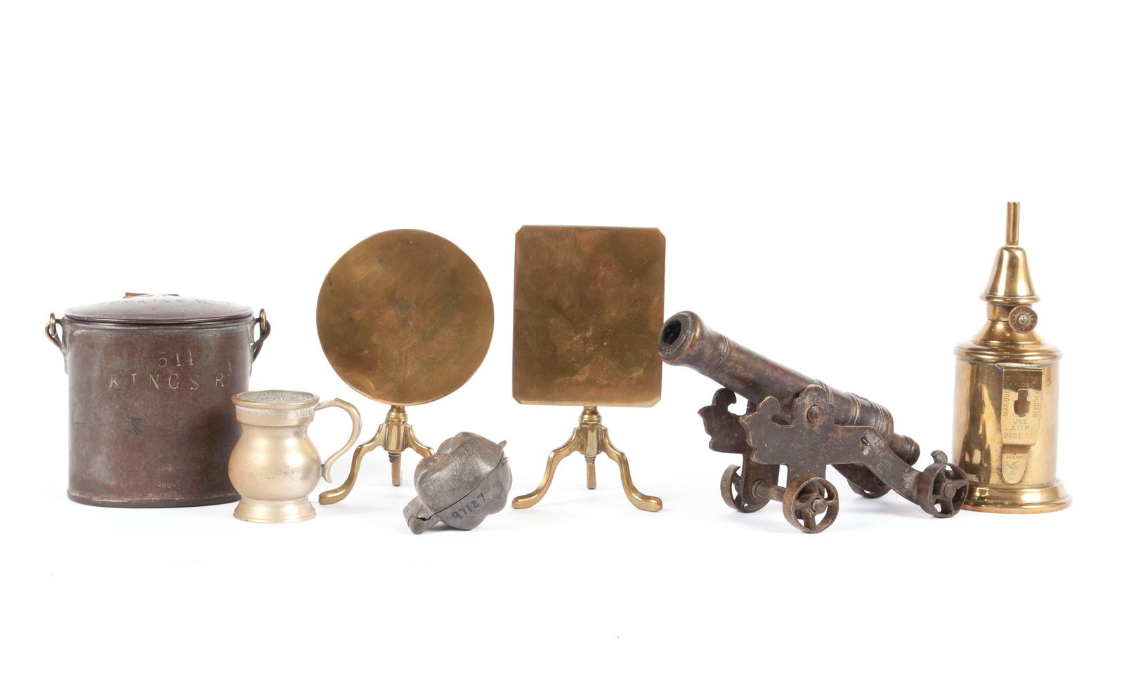 SEVEN ANTIQUE BRASS AND PEWTER DECORATIVE ARTS (1 of 6)