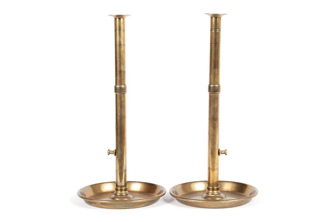 PAIR OF GEORGIAN BRASS PUSH-UP CANDLESTICKS (1 of 4)
