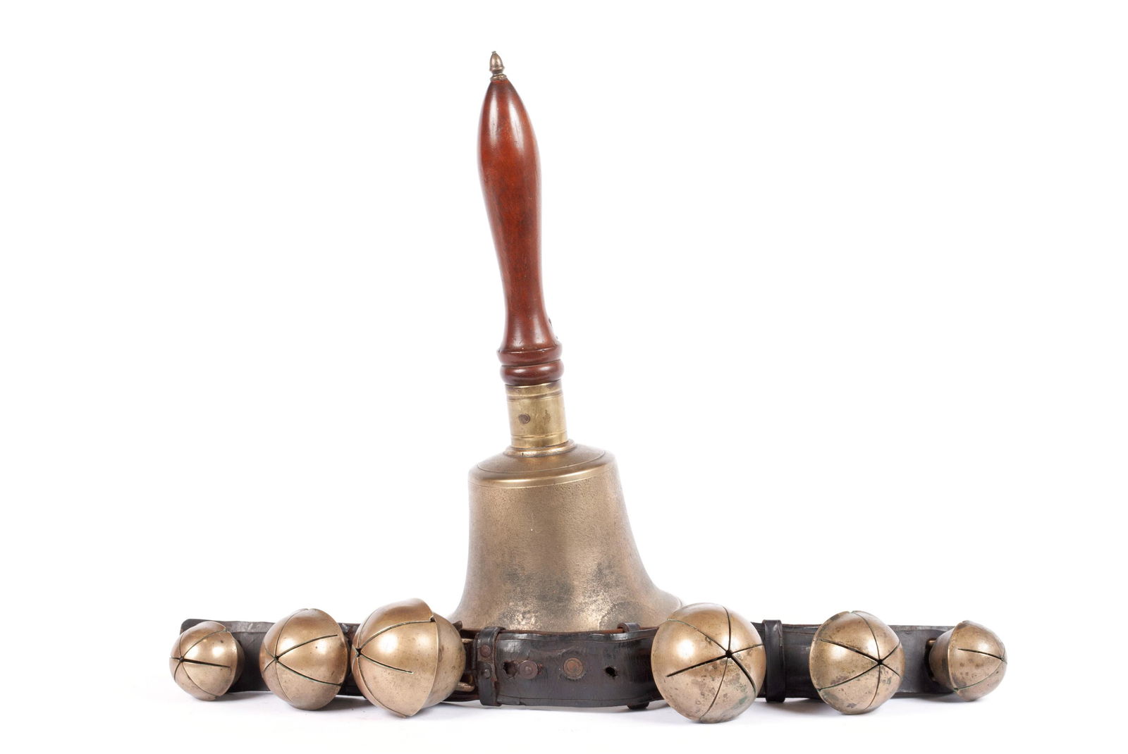 LARGE BRASS BELL AND SLEIGH BELLS ON STRAP (1 of 2)