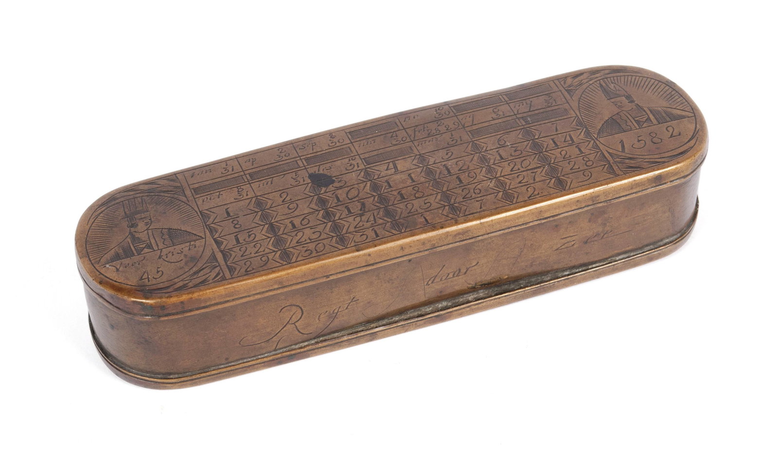 DUTCH CALENDAR ENGRAVED BRASS TOBACCO BOX: DUTCH CALENDAR ENGRAVED BRASS TOBACCO BOX Dutch, 18th/19th century. Top and bottom engraved with dates, figures and more. 6.10 x 2 in. (15.49 x 5.08 cm.)