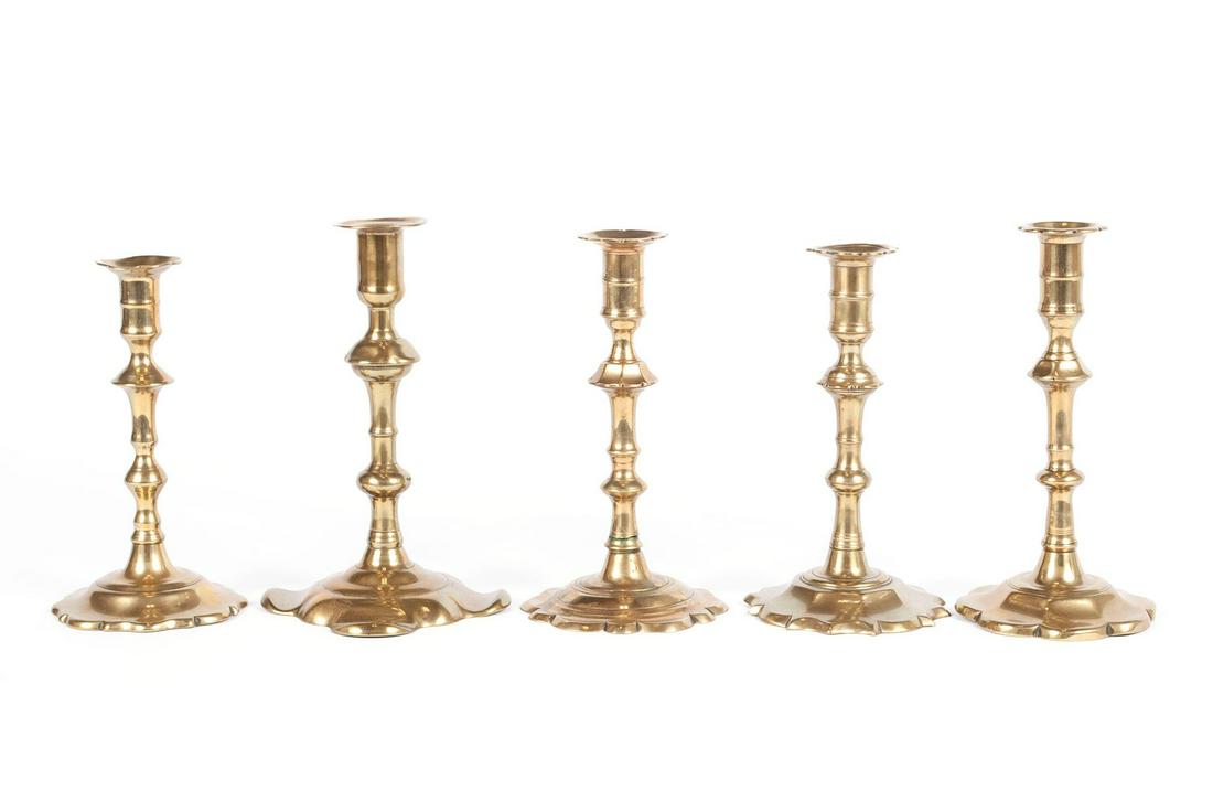 FIVE ASSORTED ENGLISH BRASS CANDLESTICKS (1 of 6)