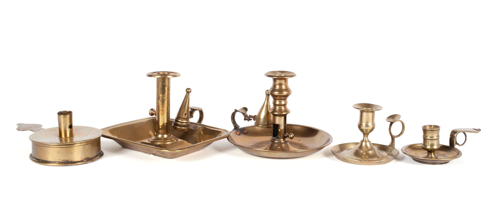 FIVE 18TH/19TH CENTURY BRASS CANDLESTICKS (1 of 4)