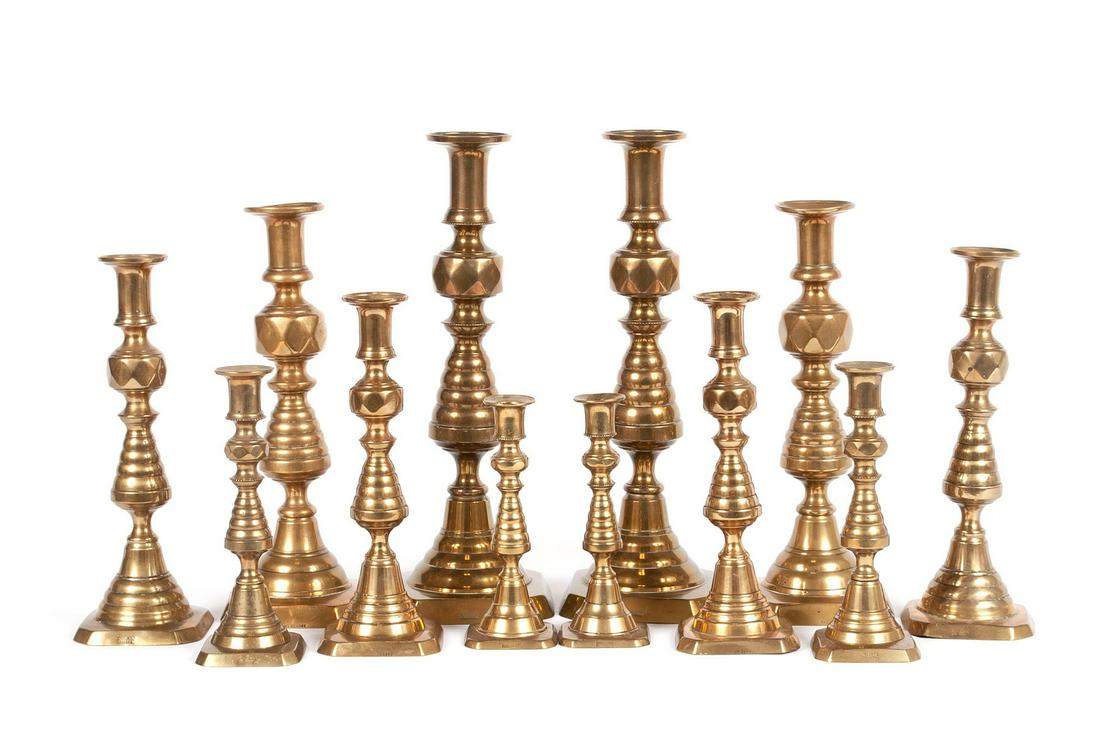GRADUATED SET OF BEEHIVE BRASS CANDLESTICKS (1 of 6)