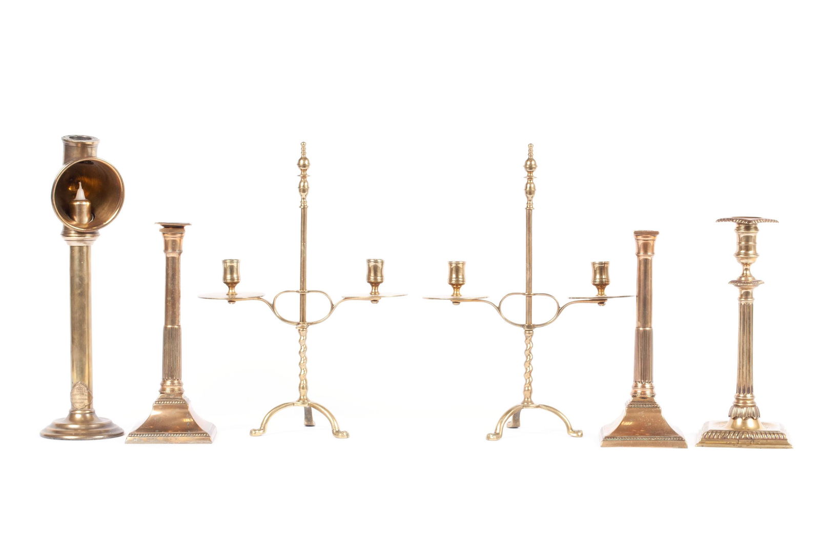 SIX ENGLISH 18TH/19TH C. BRASS CANDLE HOLDERS (1 of 5)
