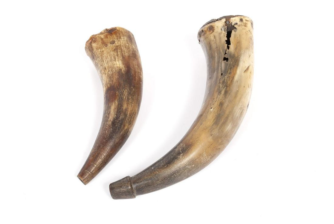 TWO NATURAL ANIMAL HORN POWDER FLASKS (1 of 5)