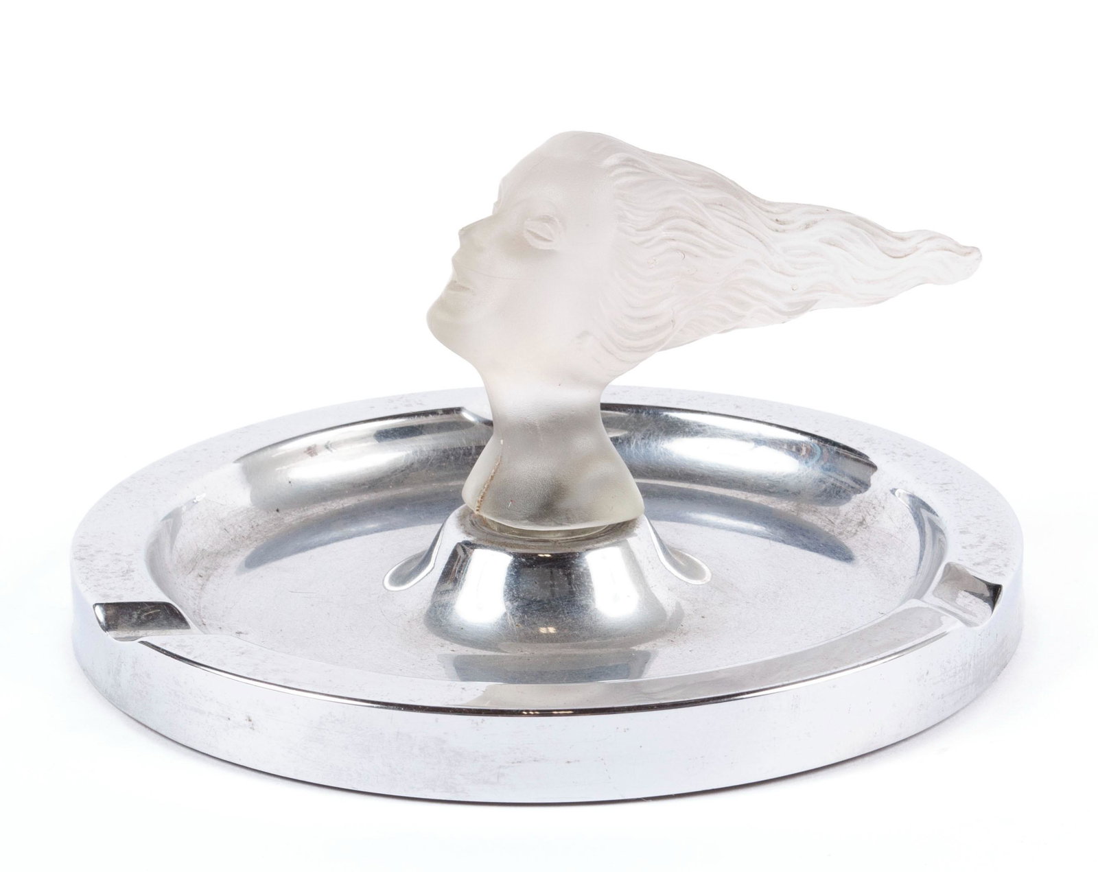 SPEED GIRL CRYSTAL ORNAMENT: SPEED GIRL CRYSTAL ORNAMENT Threaded circular bottom, mounted to the center of an ashtray. 3 1/2 x 6 3/4 in. (8.89 x 17.15 cm.)