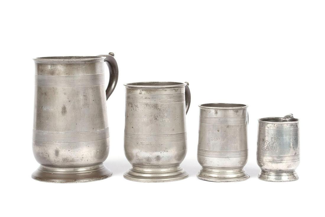 FOUR JAMES YATES PEWTER MEASURES (1 of 5)