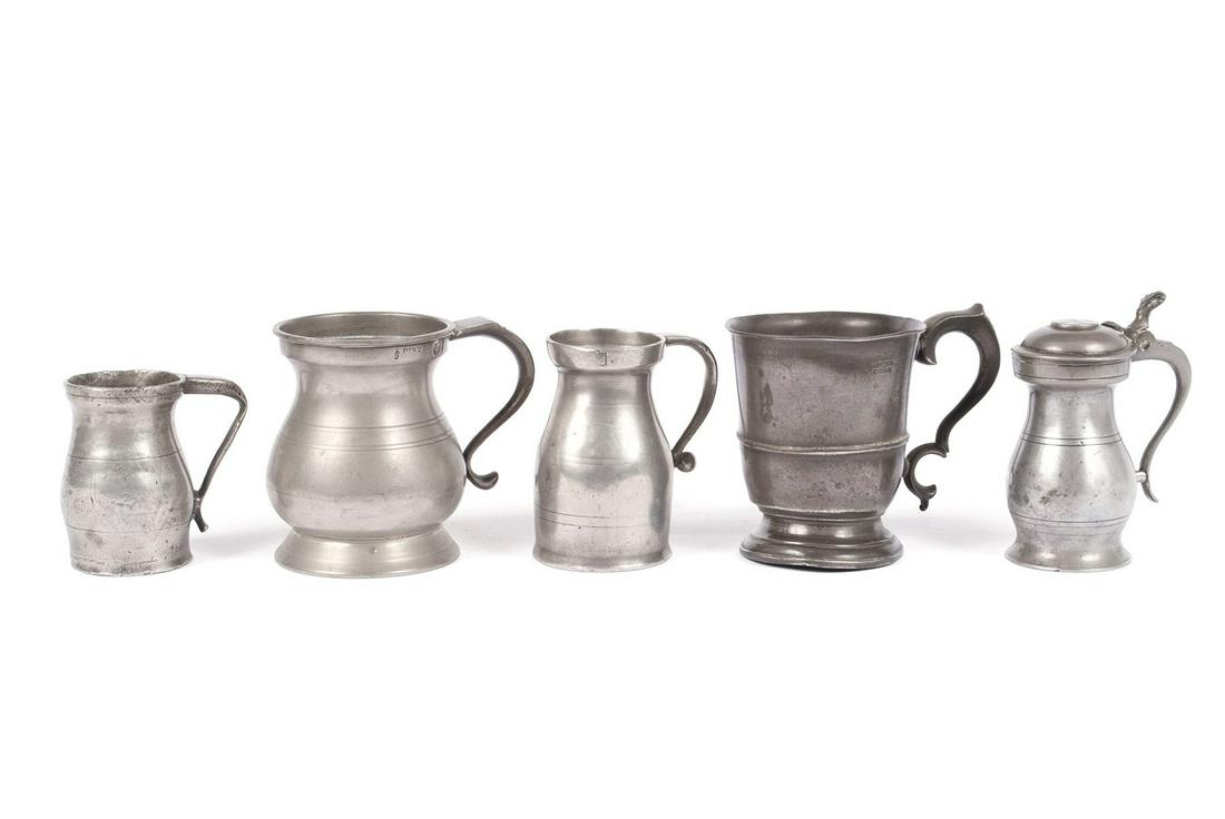 ASSEMBLED SET OF FIVE DIMINUTIVE PEWTER MEASURES (1 of 7)