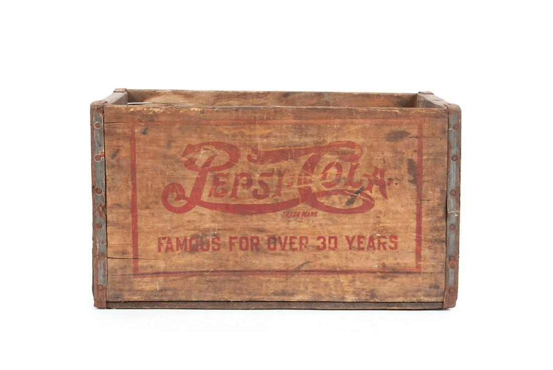 1938 PEPSI-COLA WOODEN CRATE: 1938 PEPSI-COLA WOODEN CRATE Painted in red to each panel, the sides marked for St. Louis, Missouri. 10 height x 18 width x 11 1/2 in. depth (25.40 x 45.72 x 29.21 cm.)