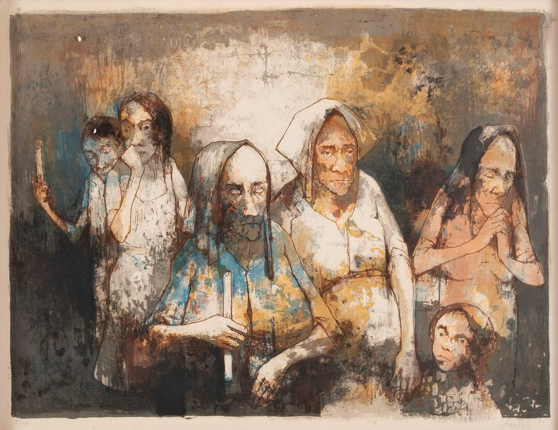 JEAN JANSEM (ARMENIAN/FRENCH, 1920-2013): Jean JansemArmenian/French, 1920-2013Scene with Five FiguresColor lithographCirca 1965, signed and editioned 7/120 along lower edge. Depicts women and children in a somber setting, behind glass with g