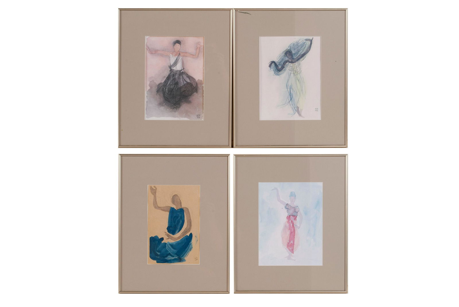 FOUR PRINTS AFTER AUGUSTE RODIN: FOUR PRINTS AFTER AUGUSTE RODINAssorted Cambodian Dancer watercolor portraits, each either stamped for Musee Rodin or signed on the plate. Each identically matted behind glass and framed.Sights: 12 x