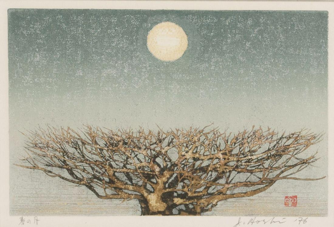 JOICHI HOSHI (JAPANESE,1913-1979): Joichi Hoshi Japanese, 1913-1979 Spring Moon Woodblock & metallic ink Signed, dated 1976, and titled along lower edge. The sprawling branches of a bare tree under the moon, against a metallic, light b