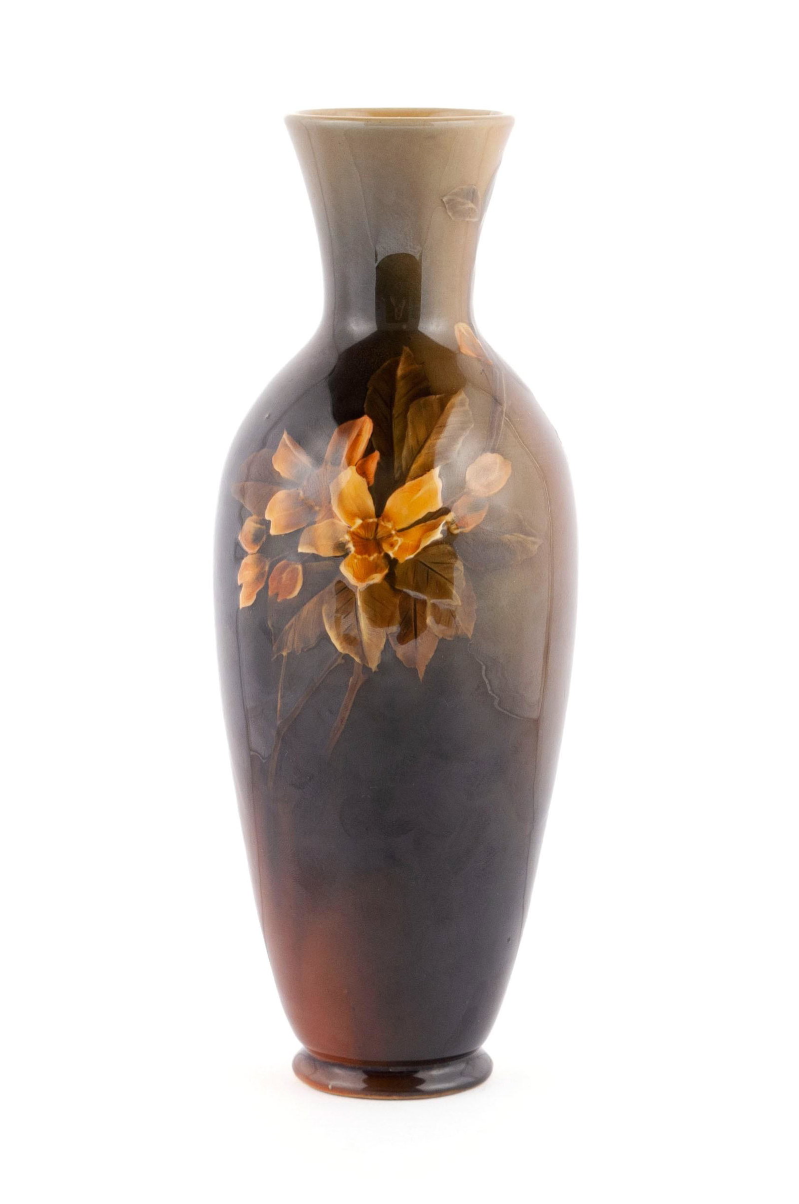 GRACE YOUNG (AMERICAN, 1869-1947) FOR ROOKWOOD: GRACE YOUNG (AMERICAN, 1869-1947) FOR ROOKWOOD American, 1888, ceramic. "RW" mark with two (2) flames, form 562, clay W, initials "G.Y." all to underside. The vase with a branch of