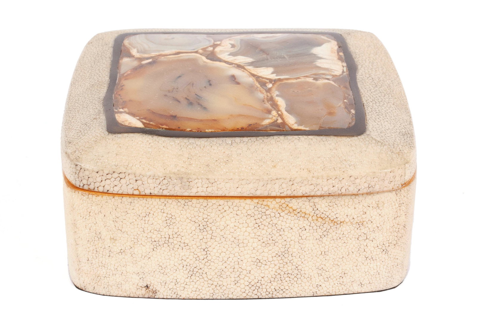 R&Y AUGOUSTI SHAGREEN AND AGATE TRINKET BOX: R&Y AUGOUSTI SHAGREEN AND AGATE TRINKET BOX French design, 20th century. Beige rawhide all over the form with inset square of agate to the lid, marked to underside. 2 1/2 x 5 1/2 x 5 1/2 in. (6.35 x 1