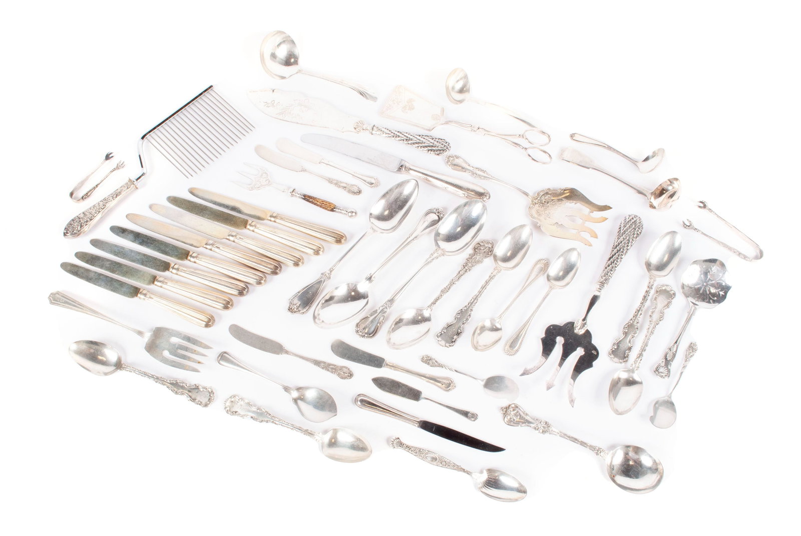 COLLECTION OF STERLING AND SILVERPLATED FLATWARE: COLLECTION OF STERLING AND SILVERPLATED FLATWARE Forty-five (45) pieces total of various pieces and patterns including serving pieces.