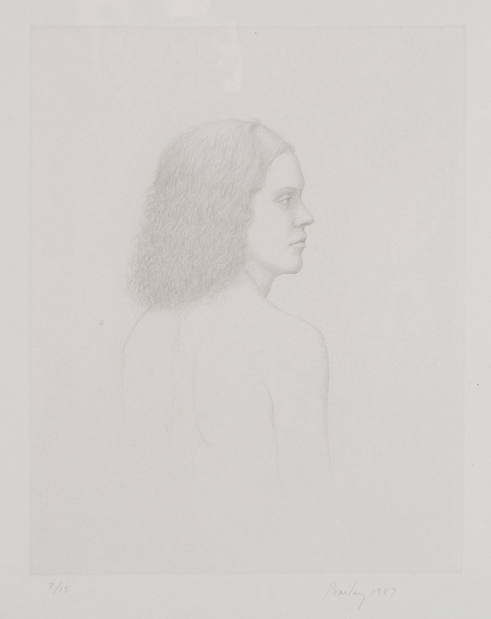 WILLIAM BAILEY (AMERICAN, 1930-2020): William Bailey American, 1930-2020 Profile Etching on chine colle Signed in pencil, dated 1987, and editioned 7/15 along lower edge. Portrait in profile of a young woman in headband. Mounted behind gl
