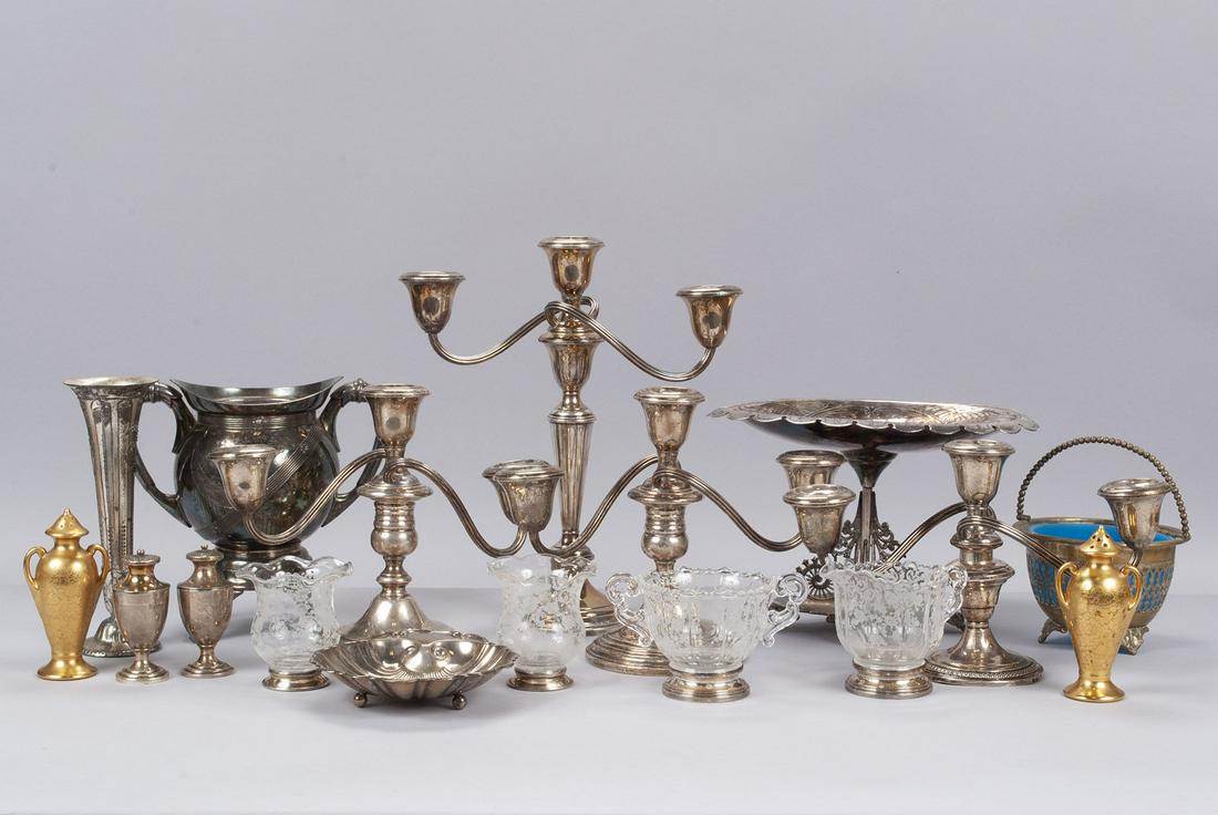 SEVENTEEN-PIECE COLLECTORS LOT: SEVENTEEN-PIECE COLLECTORS LOT Seventeen (17) total pieces. Assortment of tableware, including four (4) weighted candelabra, a four-piece (4) sterling-mounted glass serving set, two (2) sets of plated
