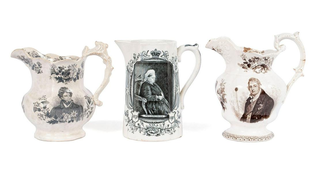THREE HISTORICAL ENGLISH PORCELAIN PORTRAIT PITCHERS (1 of 8)