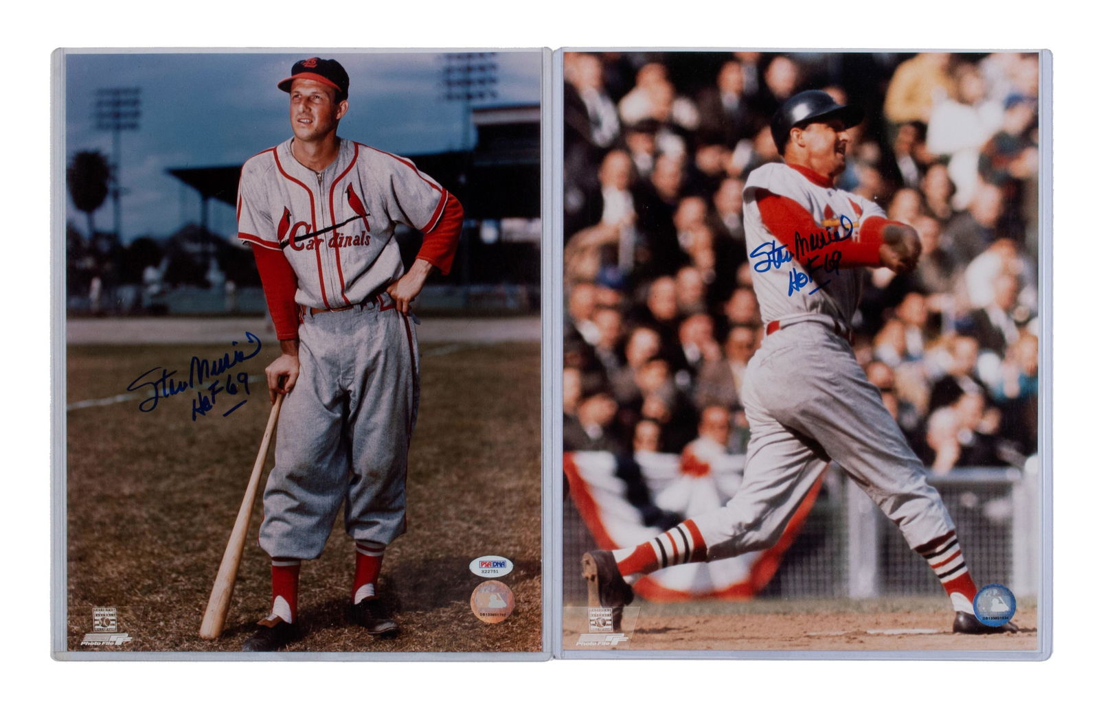 TWO STAN MUSIAL AUTOGRAPHED 14" X 11" PHOTOGRAPHS: TWO STAN MUSIAL AUTOGRAPHED 14" X 11" PHOTOGRAPHSBoth full length images of the St. Louis Cardinal Hall of Famer, one showing him finishing his sweet swing at home plate, the other a portrai
