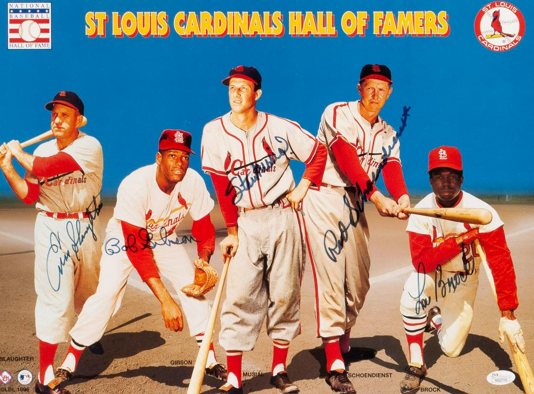AUTOGRAPHED "ST. LOUIS CARDINALS HALL OF FAMERS" IMAGE: AUTOGRAPHED "ST. LOUIS CARDINALS HALL OF FAMERS" IMAGE Signed by St. Louis Cardinals baseball greats Enos Slaughter, Stan Musial, Red Schoendienst, Bob Gibson and Lou Brock, matted and frame