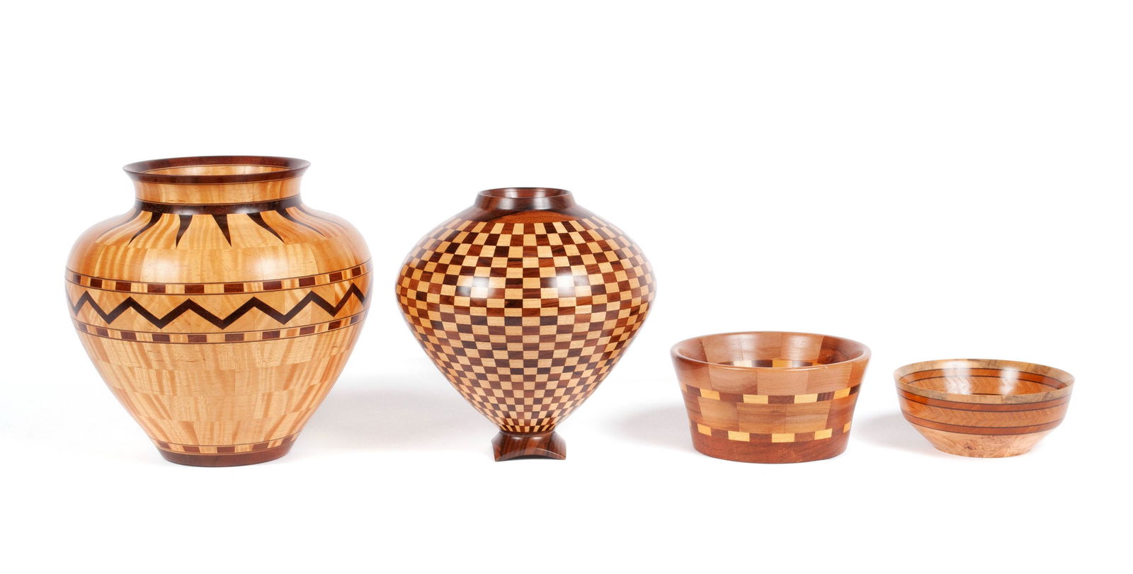 FOUR ARTISANAL PARQUETRY VESSELS (1 of 6)