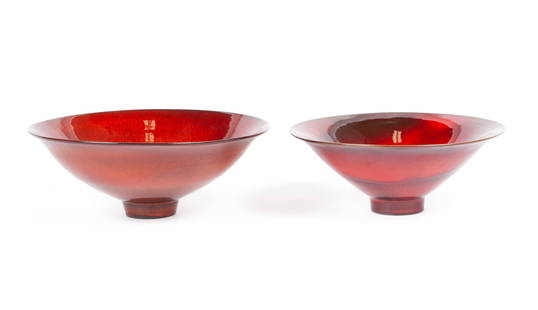 JAMES LOVERA (AMERICAN, 1920-2015): James Lovera American, 1920-2015 Companion Red Bowls Enameled ceramic Two (2) raised, deep crimson bowls of differing sizes, both signed to underside. Larger: 3 x 8 in. (7.62 x 20.32 cm.)