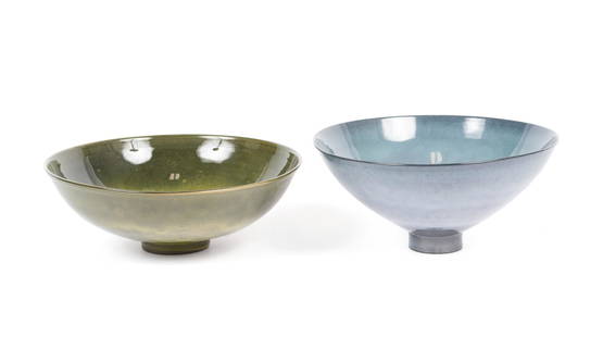 JAMES LOVERA (AMERICAN, 1920-2015): James LoveraAmerican, 1920-2015Pairing of BowlsEnameled ceramicTwo (2) unidentical bowls of soft grey and sage green coloration, both signed to underside.Larger: 2 3/4 x 8 in. (6.99 x 20.32 cm.)