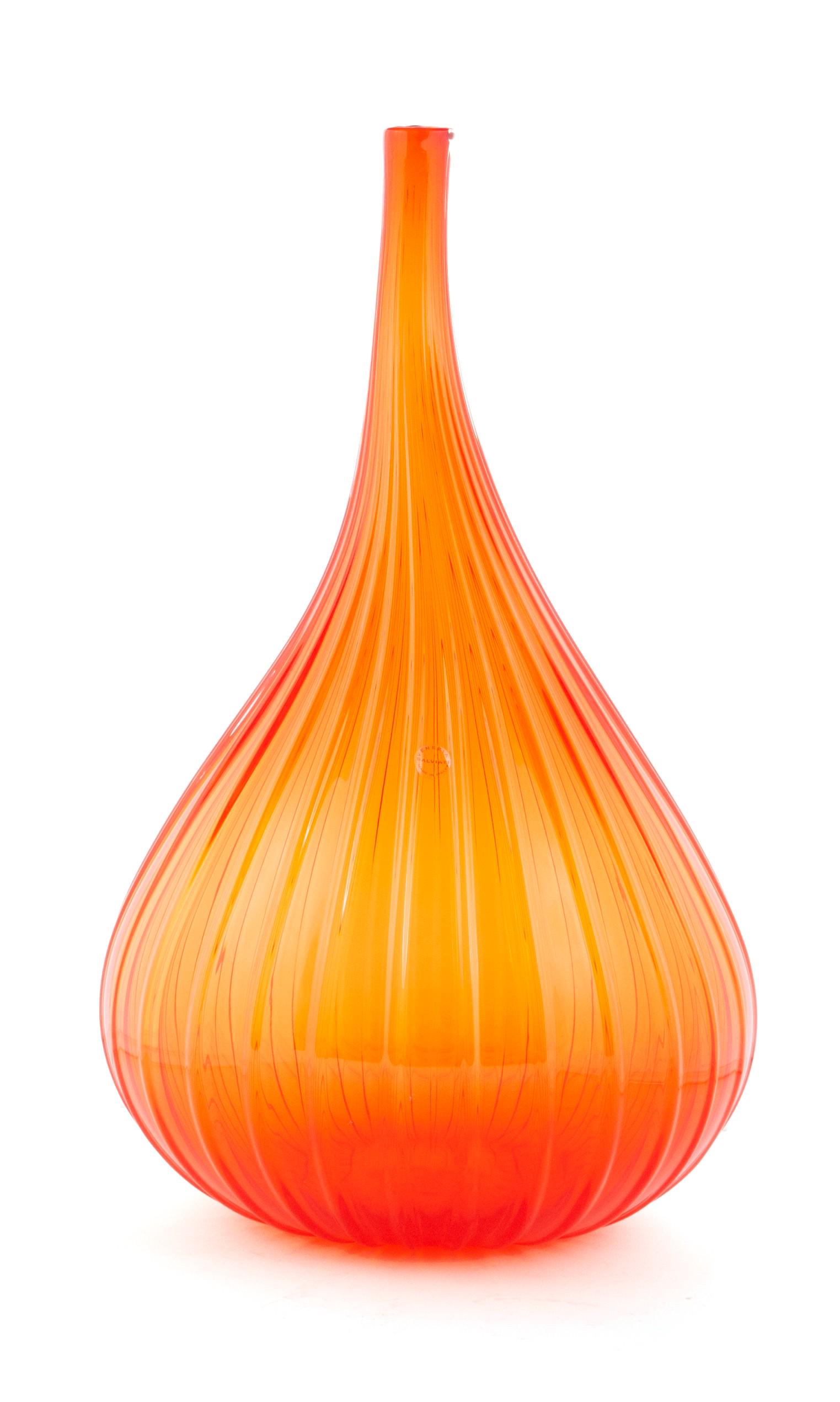 RENZO STELLON (ITALIAN, B. 1943): Renzo Stellon Italian, b. 1943 Drop Art glass Signed and dated 2007 to underside. Contemporary Murano orange glass vessel in bulbous, reeded form, from the Drops series designed for Salviati, Venice (