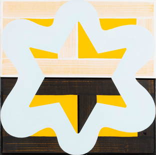 GARY STEPHAN (AMERICAN, B. 1942): Gary StephanAmerican, b. 1942UntitledAcrylic on canvasSigned and dated 2015 to stretcher. Light blue, gold and black arranged in starburst form over geometric ground. Unframed, Philip Slein Gallery, S