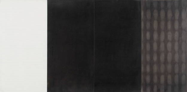 GREG PARKER (AMERICAN, B. 1952): Greg ParkerAmerican, b. 1952Untitled, 1988Graphite and oil on gessoed panelSigned and dated to verso. Geometric composition in monochromatic variations ending on a graphite panel with oval designs. Ga