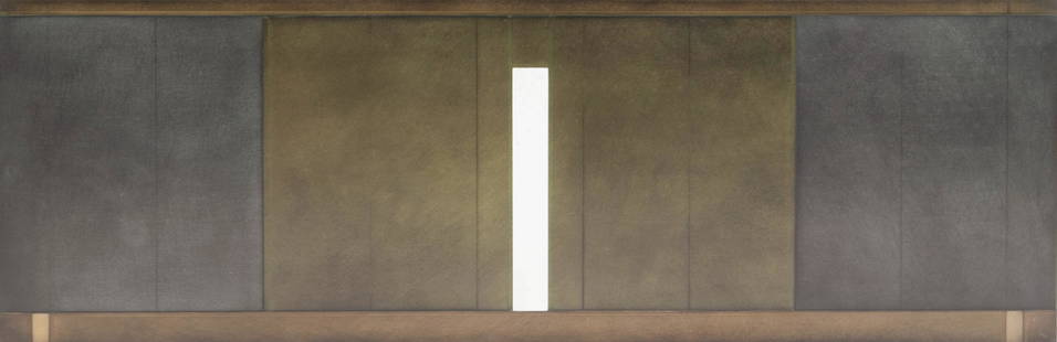 GREG PARKER (AMERICAN, B. 1952): Greg ParkerAmerican, b. 1952Untitled, 2005Graphite and oil on gessoed panelSigned and dated to verso. Geometric composition in soft grey, sepia and bisected by a column of white. Gallery wrap, unframe