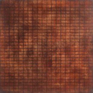 GREG PARKER (AMERICAN, B. 1952): Greg ParkerAmerican, b. 1952Untitled, 2002Graphite and oil on gessoed panelSigned to verso. Tiled, geometric image in graphite over a deep umber oil background. Gallery wrap, unframed.From Greg Parker