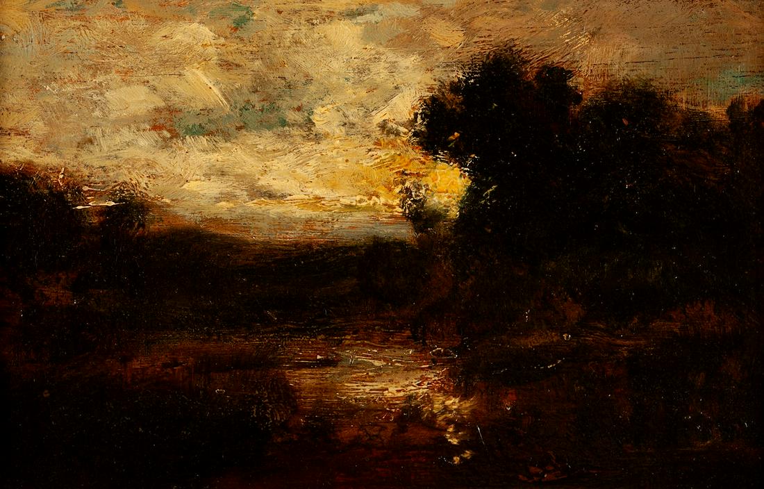 WILLIAM KEITH (AMERICAN, 1838-1911): William KeithAmerican, 1838-1911Moonlit LandscapeOil on wood panelArtist label to frame. Atmospheric landscape beneath a cloudy sky within a finely carved gilt frame.Sight: 5 x 8 in. (12.70 x 20.32 cm