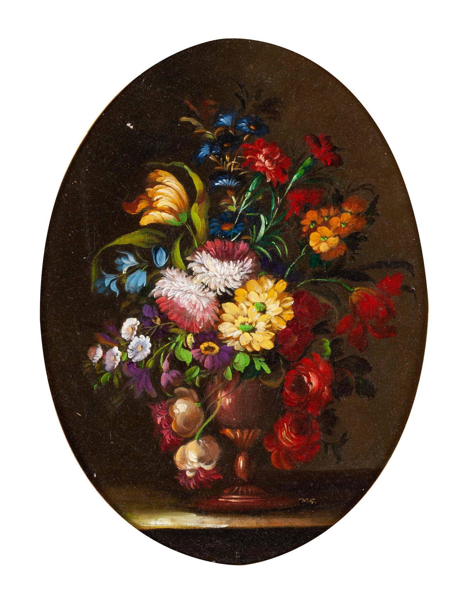 DUTCH SCHOOL FLORAL STILL LIFE: DUTCH SCHOOL FLORAL STILL LIFE19th century, oil on board, signed H.G. lower right. Arrangement of multicolored blooms in raised, brass compote, in an oval, gilt frame. Szelag Art Conservation tag to v