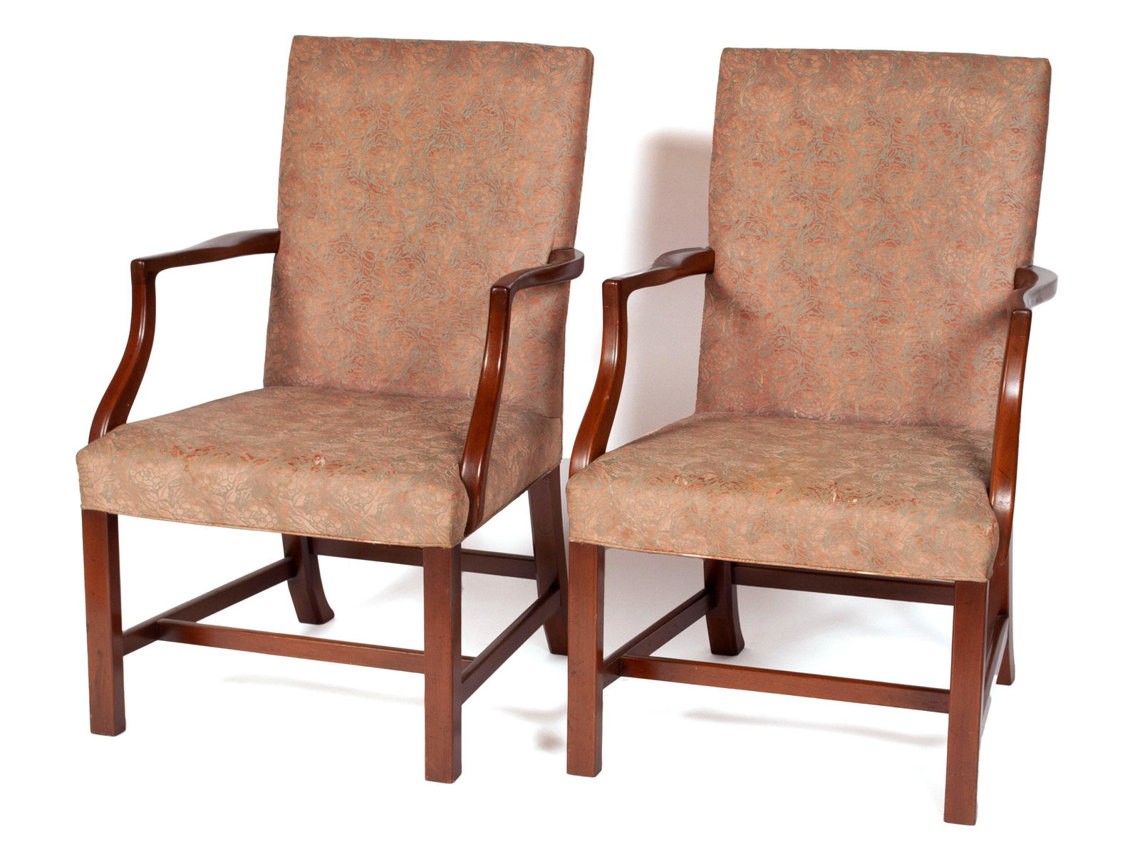 PAIR OF KITTINGER OPEN ARMCHAIRS: PAIR OF KITTINGER OPEN ARMCHAIRSAmerican, 20th century. Georgian influenced with squared back and legs joined by H-stretchers.38 x 24 1/2 x 25 in. (96.52 x 62.23 x 63.50 cm.)