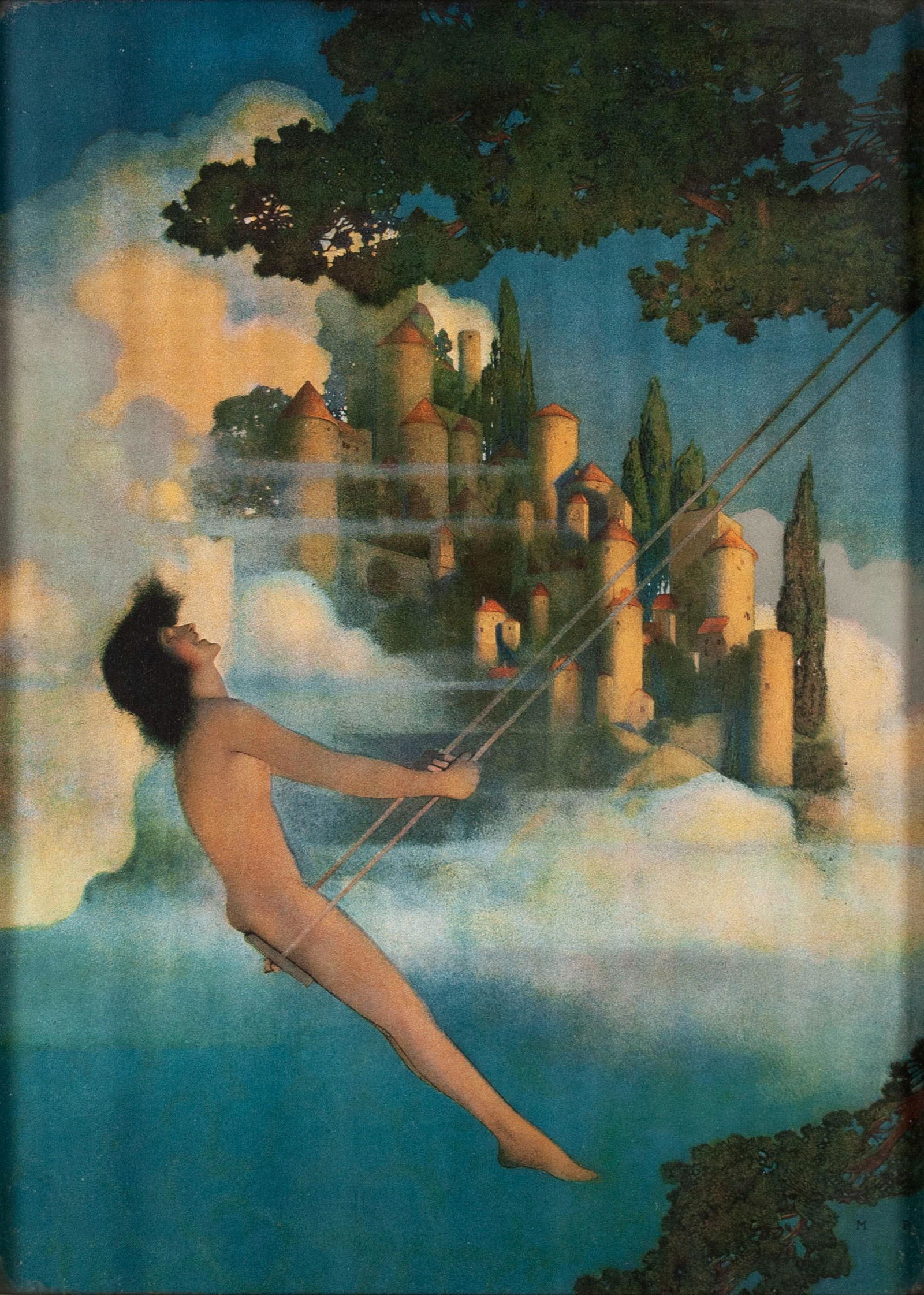AFTER MAXFIELD PARRISH (AMERICAN, 1870-1966): AFTER MAXFIELD PARRISH (AMERICAN, 1870-1966)Dinky BirdLater print after the original by Parrish, depicting a young nude on tree swing before a fantastical and towering castle amongst clouds. Set behin