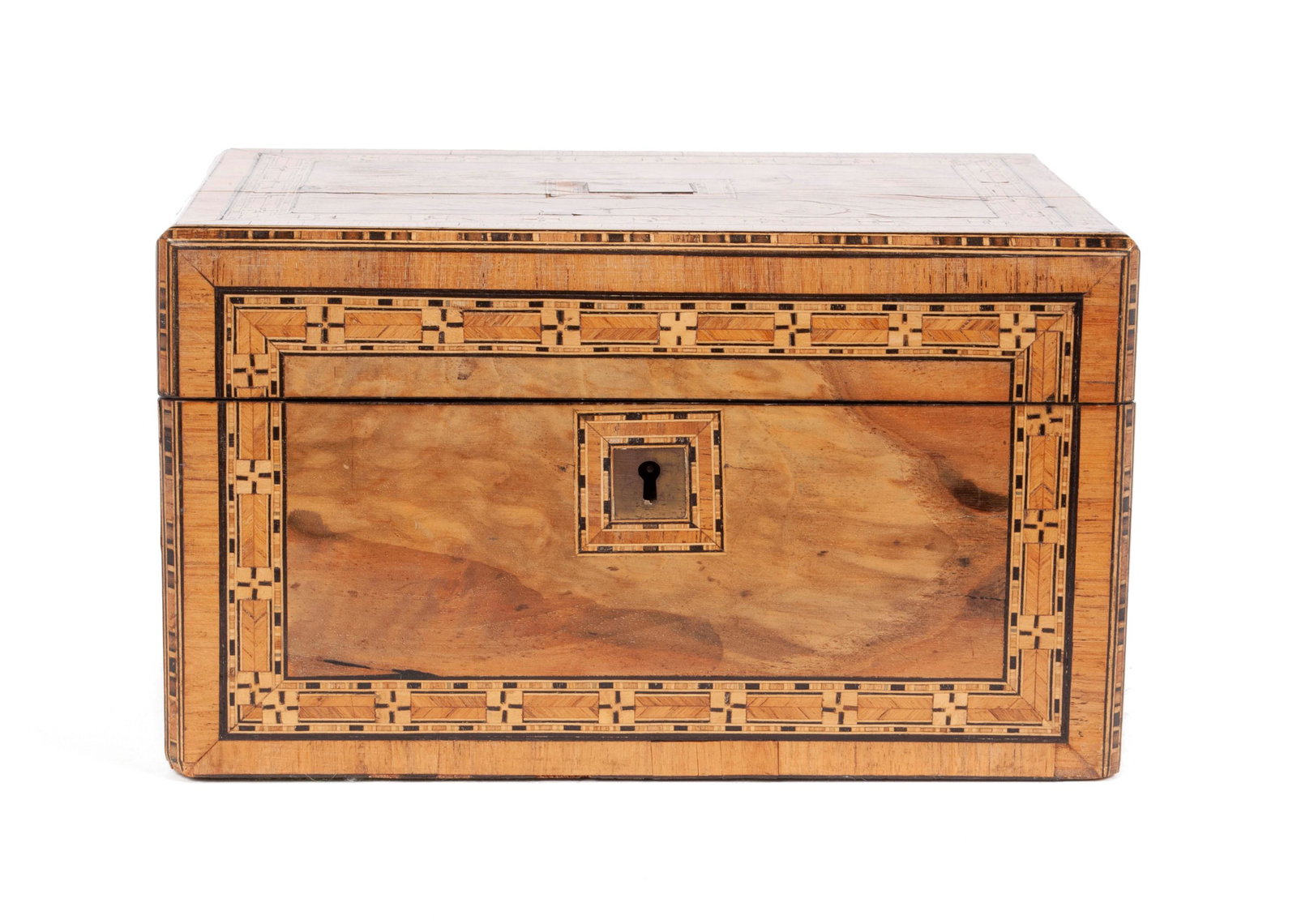 MARQUETRY JEWELRY CASKET: MARQUETRY JEWELRY CASKET English, 19th century, treen work. The finely inlaid and hinged top revealing compartmentalized, violet silk-lined interior shelf, open space under the lift-out panel. 5 1/2 x