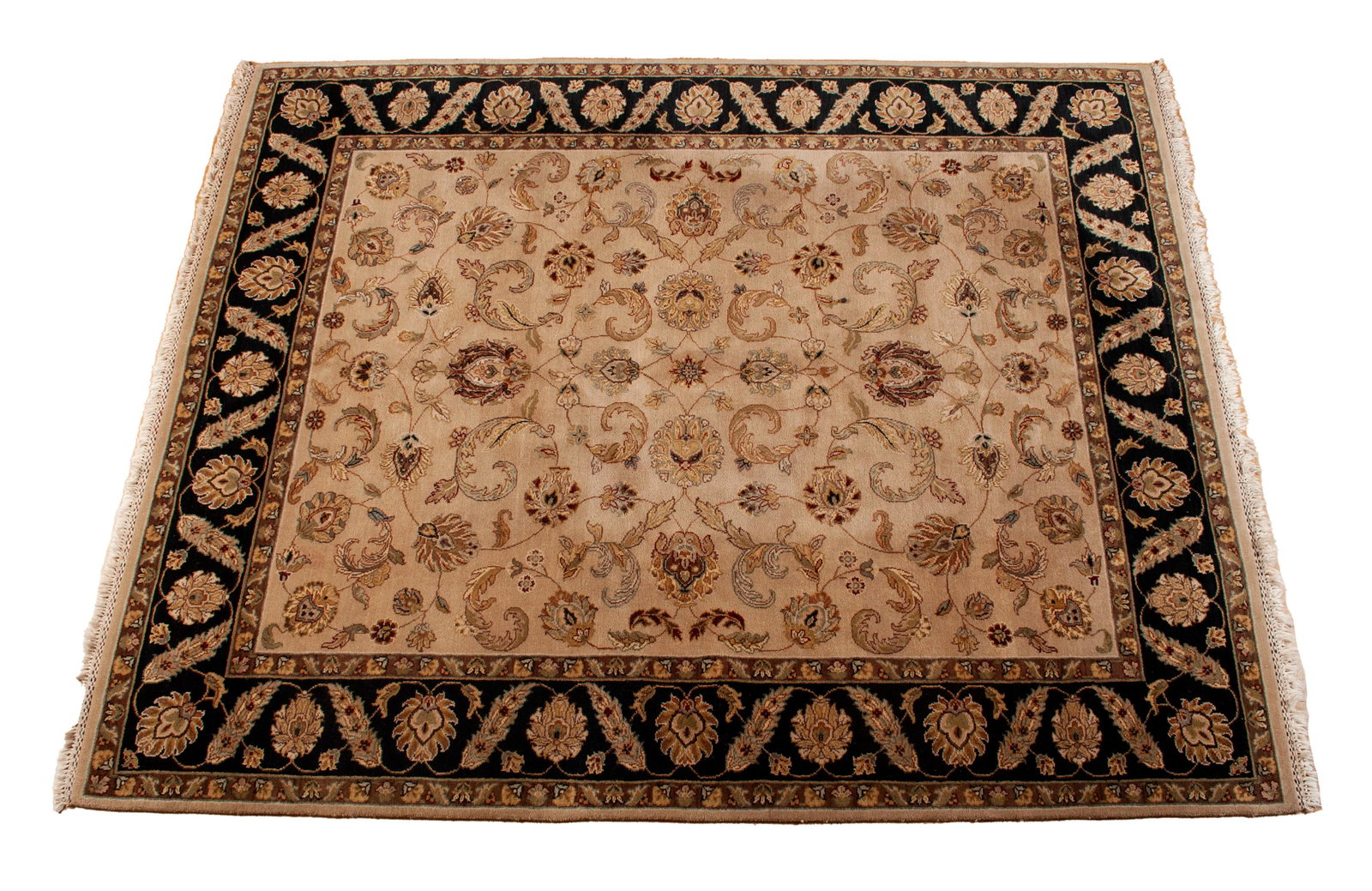 OUSHAK DESIGN HALL RUG: OUSHAK DESIGN HALL RUG India, 20th century. Foliate vines on the beige field, black border with brown guard borders. 10 ft. 1 in. x 8 ft. 2 in.