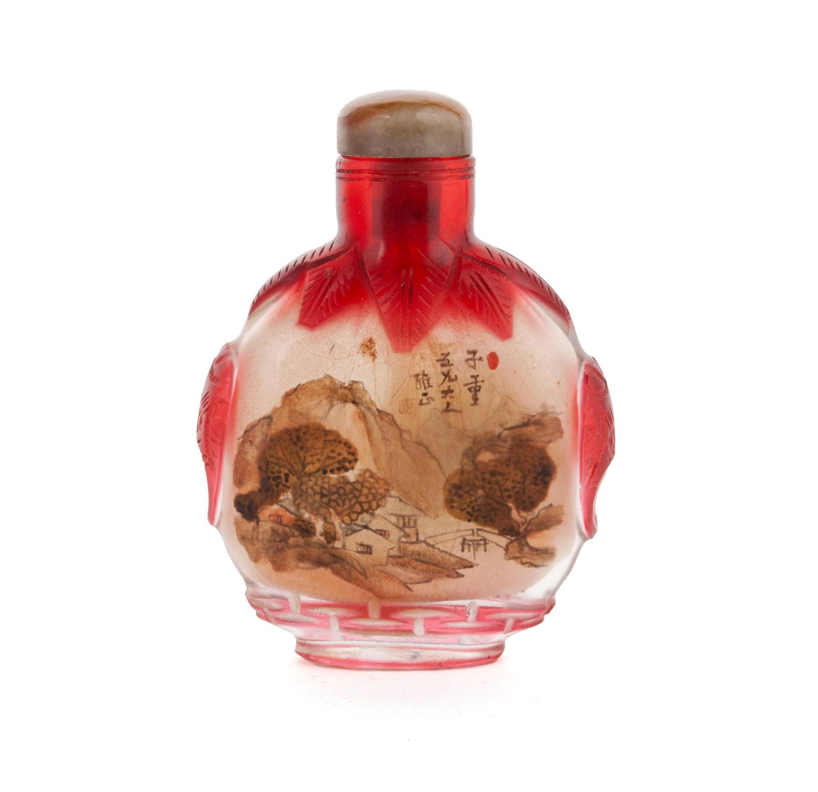 A RED OVERLAY REVERSE-PAINTED SNUFF BOTTLE (1 of 7)