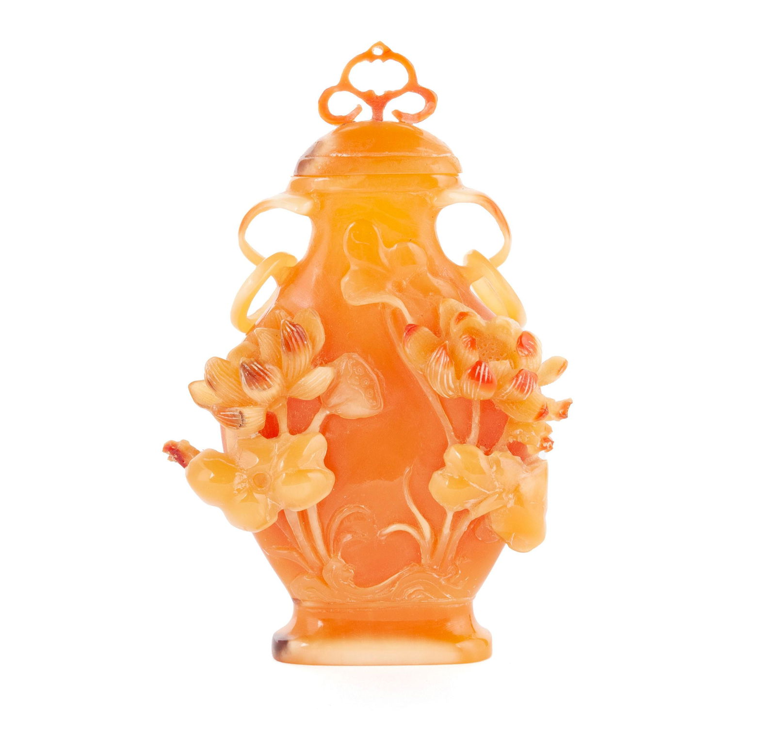 A FINELY CARVED HO-TING HUNG LOTUS POND SNUFF BOTTLE (1 of 6)