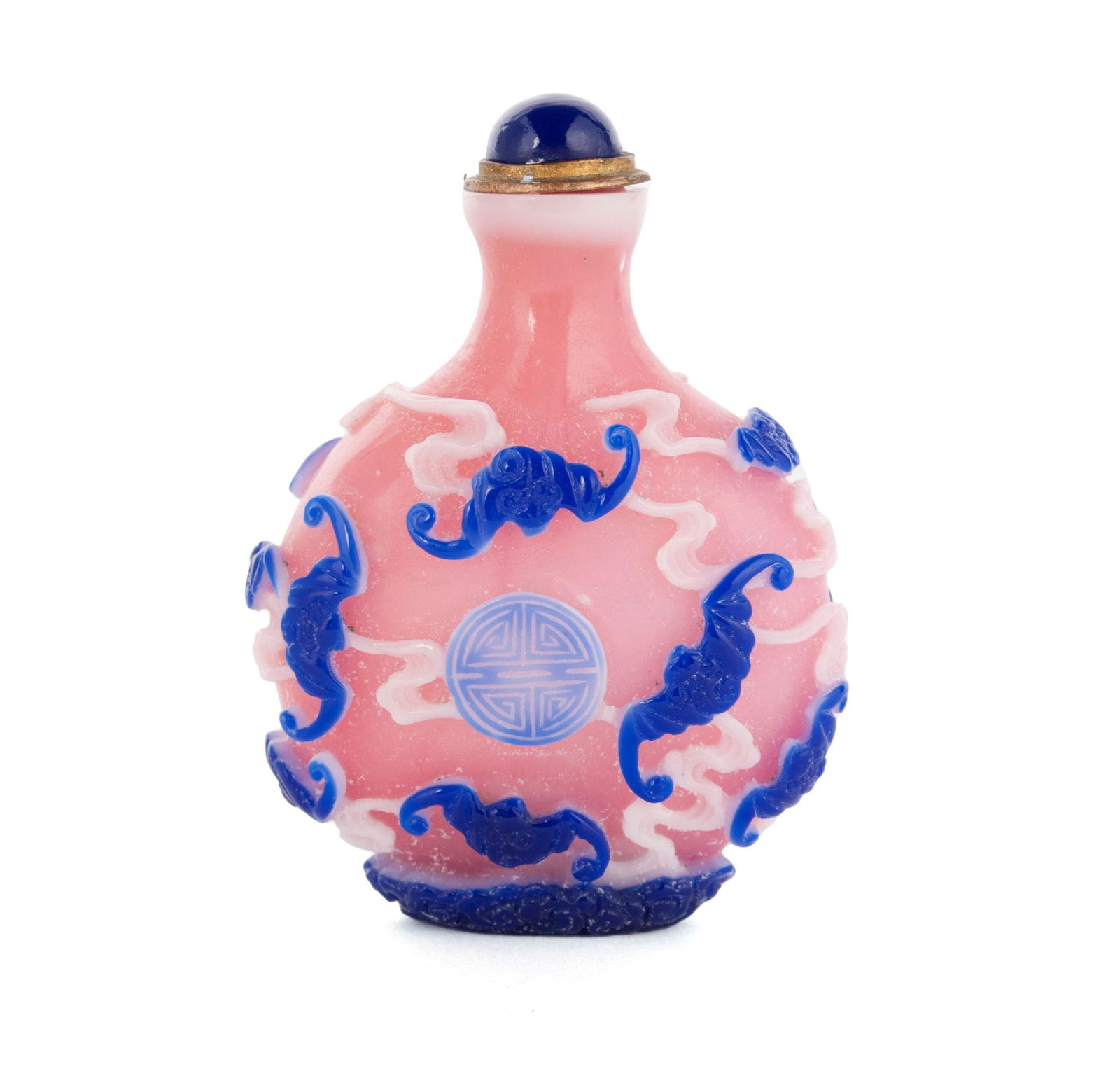 A 13 BAT COBALT AND WHITE OVERLAY PINK SNOWFLAKE SNUFF BOTTLE (1 of 7)