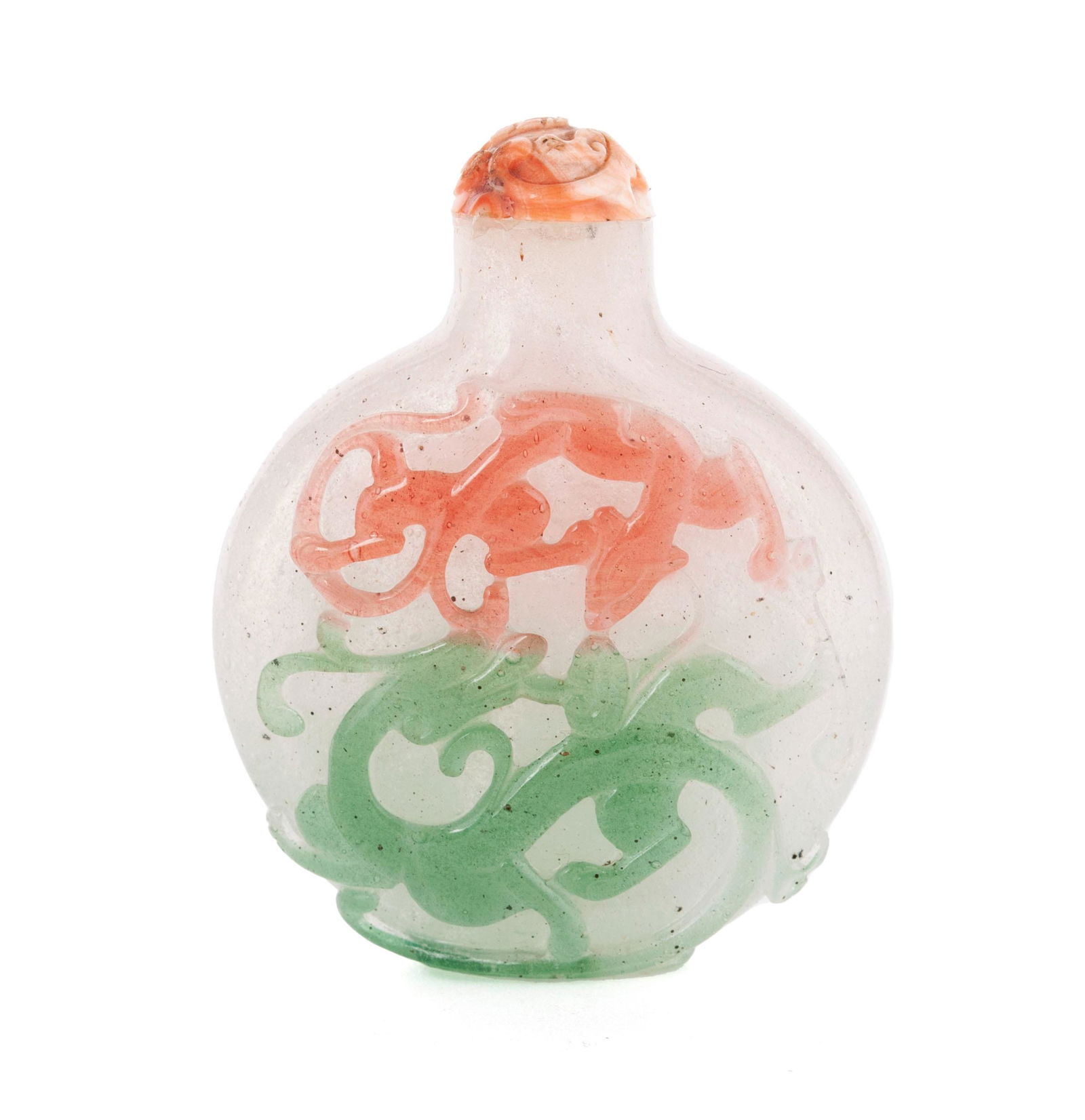 A DOUBLE CHILONG DRAGON PINK AND GREEN OVERLAY SNUFF BOTTLE (1 of 7)
