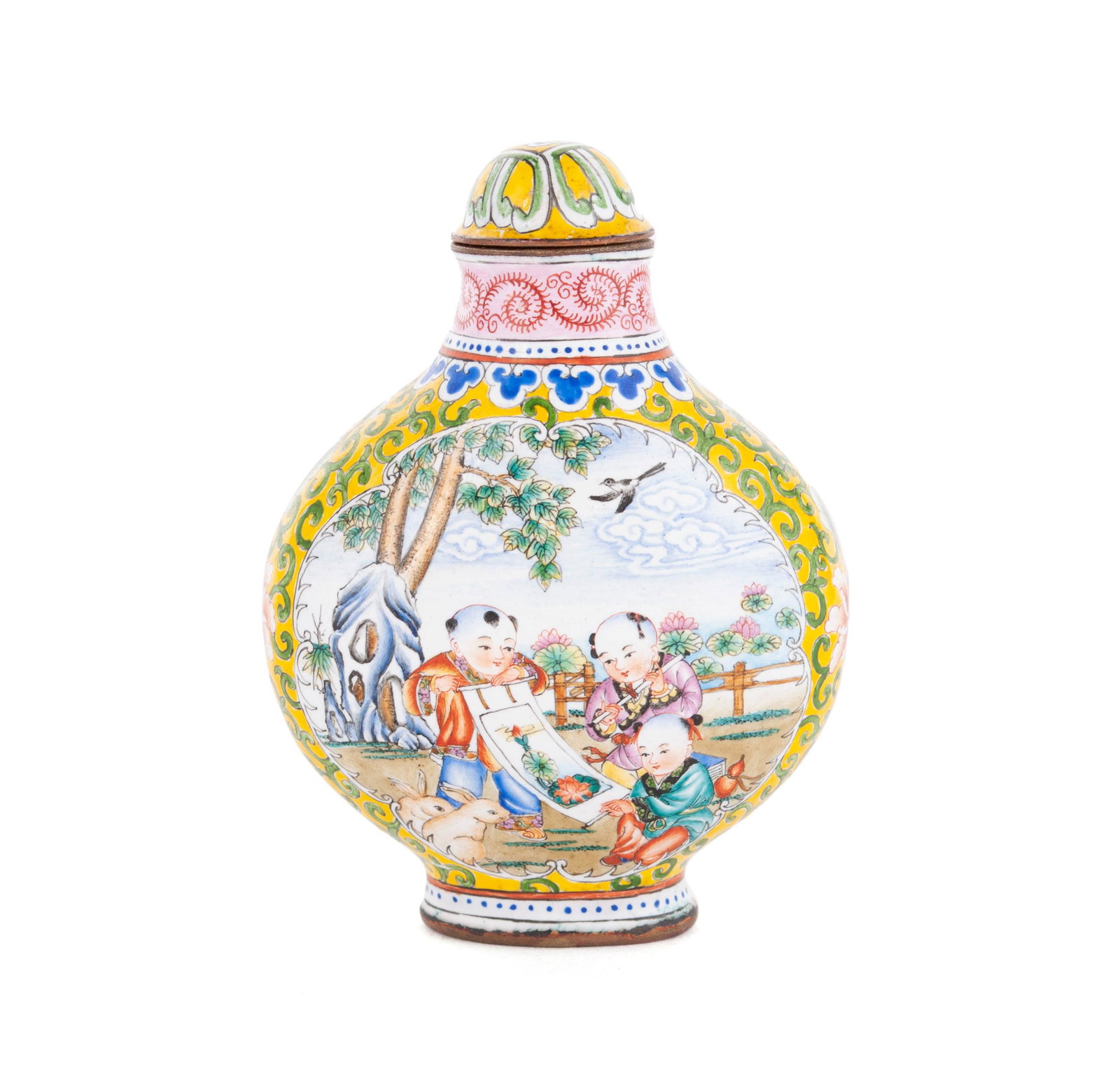 A 'BEIJING ENAMEL' 'CHILDRENS' QIANLONG SNUFF BOTTLE (1 of 7)